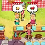 Postacie w stroju plażowym przy stoisku z ręcznikami i kasą, z balonikami myślowymi przedstawiającymi ciasteczko i kawałek arbuza