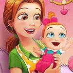 Mama z rudymi włosami trzyma na rękach uśmiechnięte niemowlę z kokardką na głowie, na pastelowym tle z serduszkami