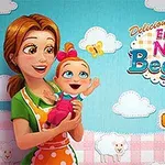 Kobieta w fartuchu trzymająca uśmiechnięte dziecko na tle chmur i owiec z przyciskiem Play