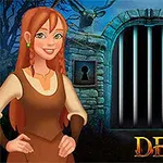 Rudowłosa postać w średniowiecznym stroju stoi przed kamienną bramą z kratami, otoczoną przez dwie płaskorzeźby jelenia