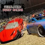 Czerwony i niebieski samochód ścigają się na arenie z dużą publicznością w tle, z napisem Demolition Derby Racing i przyciskiem Play