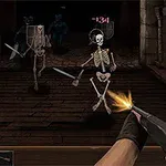 Szeregówka w walce z szkieletami uzbrojonymi w miecze i tarcze w ciemnym, kamiennym korytarzu