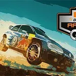 Samochód wyścigowy skaczący na pustynnym terenie obok logo z napisem Desert Racing