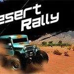 Rajdowy samochód terenowy jadący po pustynnej drodze z unoszącym się pyłem i napisem Desert Rally w tle