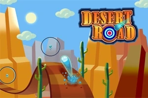 Animowana kulka tocząca się po brązowej ścieżce w pustynnym krajobrazie z kaktusami i wzgórzami, obok widoczny napis „Desert Road”