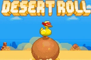 Żółta kaczka w czerwonej opasce stoi na dużej kuli na tle pustynnego krajobrazu, z napisem Desert Roll u góry