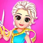 Animowana postać z jasnymi włosami trzymająca nożyczki i miarę krawiecką na różowym tle