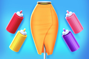 Pomarańczowa spódnica na manekinie otoczona kolorowymi puszkami z farbą na niebieskim tle