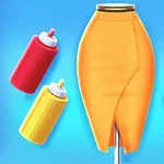 Pomarańczowa spódnica na manekinie otoczona kolorowymi puszkami z farbą na niebieskim tle