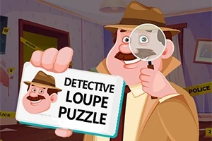 Detektyw w kapeluszu trzyma lupę i tabliczkę z napisem „DETECTIVE LOUPE PUZZLE” w pokoju oznaczonym taśmą policyjną