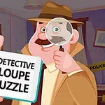 Detektyw w kapeluszu trzyma lupę i tabliczkę z napisem „DETECTIVE LOUPE PUZZLE” w pokoju oznaczonym taśmą policyjną
