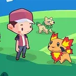 Postać w czapce i trzy fantastyczne stworzenia na zielonej polanie