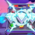 Świecący diament otoczony błyskawicami na tle kolorowych klejnotów i fioletowego krajobrazu