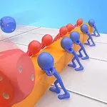 Niebieskie i czerwone postacie w rzędzie pchające duże kolorowe kostki na planszy z białymi, kwadratowymi polami