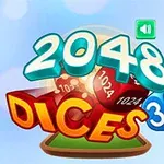 Kolorowy napis 2048 Dices 3D z dużymi, wypukłymi cyframi i literami, otoczony kostkami z numerami na tle nieba