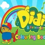 Kolorowa ilustracja z napisem Didi & Friends Colouring Book, tęczą, muzycznymi nutkami, ptaszkiem w czapce i kredkami