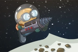 Postać w skafandrze kosmicznym z wiertłem w rękach na tle gwiaździstego nieba i powierzchni planety z kamieniami