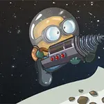 Postać w skafandrze kosmicznym z wiertłem w rękach na tle gwiaździstego nieba i powierzchni planety z kamieniami