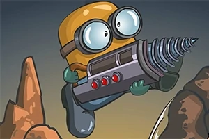 Żółta, kreskówkowa postać o dużych oczach trzymająca wiertło na tle skalistego krajobrazu