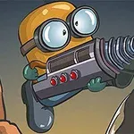 Żółta, kreskówkowa postać o dużych oczach trzymająca wiertło na tle skalistego krajobrazu