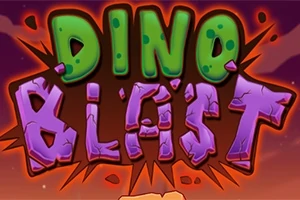 Kolorowy napis Dino Blast w stylu kreskówkowym z zielonymi i fioletowymi literami na tle zachodzącego słońca