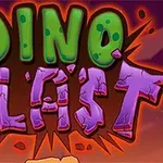 Kolorowy napis Dino Blast w stylu kreskówkowym z zielonymi i fioletowymi literami na tle zachodzącego słońca