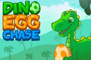 Zielony dinozaur trzyma pomarańczowe jajko na tle tropikalnego krajobrazu z napisem Dino Egg Chase w różnych kolorach