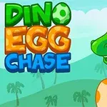 Zielony dinozaur trzyma pomarańczowe jajko na tle tropikalnego krajobrazu z napisem Dino Egg Chase w różnych kolorach