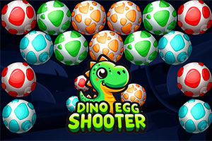 Kolorowe jajka dinozaurów w różnych wzorach i napis Dino Egg Shooter z zielonym dinozaurem na ciemnym tle