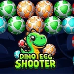 Kolorowe jajka dinozaurów w różnych wzorach i napis Dino Egg Shooter z zielonym dinozaurem na ciemnym tle