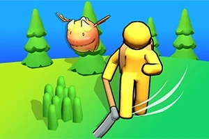 Żółta postać z mieczem biegnie po zielonej równinie z drzewami, a za nią unosi się pomarańczowy smok