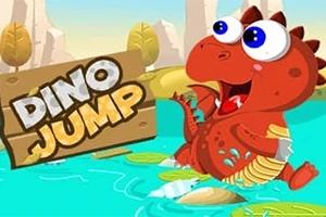 Czerwony dinozaur z dużymi oczami stoi na zielonych liściach na wodzie, obok brązowej tabliczki z napisem Dino Jump, na tle gór i drzew