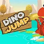 Czerwony dinozaur z dużymi oczami stoi na zielonych liściach na wodzie, obok brązowej tabliczki z napisem Dino Jump, na tle gór i drzew