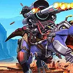 Niebieski dinozaur z mechanicznymi elementami i zamontowanymi działami strzela w pustynnym otoczeniu