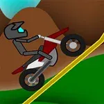 Postać w kasku na motorze wspinająca się pod stromą, żółtą rampę na tle gór