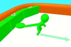 Zielona postać z rakietką porusza się na białej powierzchni z pomarańczową ścianą i zielonymi blokami w tle