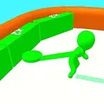 Zielona postać z rakietką porusza się na białej powierzchni z pomarańczową ścianą i zielonymi blokami w tle