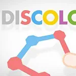 Palec dotykający kolorowych sześciokątów na tle napisu DISCOLORS w różnych kolorach