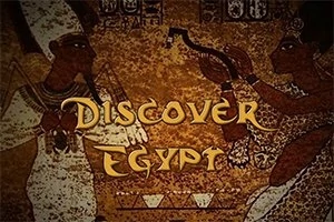 Egipskie malowidła ścienne z dwoma postaciami i napisem Discover Egypt na brązowym tle