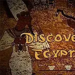 Egipskie malowidła ścienne z dwoma postaciami i napisem Discover Egypt na brązowym tle