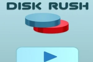 Napis DISK RUSH oraz dwa nachodzące na siebie krążki, niebieski i czerwony, nad ikoną trójkąta na niebieskim tle