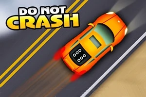 Pomarańczowy samochód jadący po drodze z podwójną żółtą linią i napisem Do Not Crash w górnym lewym rogu