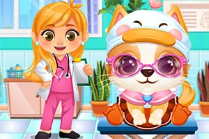 Dziewczynka w różowym stroju z stetoskopem stoi obok psa ubranego w okulary i czapkę w kolorowej klinice weterynaryjnej