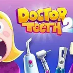 Postać z szeroko otwartymi ustami, otoczona narzędziami dentystycznymi na fioletowym tle