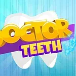 Napis Doctor Teeth na tle białego zęba z niebieskim gradientem oraz widocznymi elementami dentystycznymi po bokach