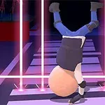 Postać robiąca stanie na głowie na pasach przed różowymi laserami w futurystycznym otoczeniu