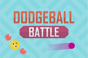 Napis DODGEBALL BATTLE na jasnoniebieskim tle z elementami graficznymi: żółta emotikona, różowa piłka i czerwone rękawice