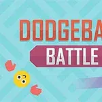 Napis DODGEBALL BATTLE na jasnoniebieskim tle z elementami graficznymi: żółta emotikona, różowa piłka i czerwone rękawice