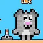 Pikselowy szary kot z różowym nosem stoi obok joysticka na niebieskim tle