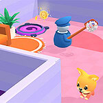 Postać w niebieskim stroju z siatką goni żółtego psa w pomieszczeniu z kolorowymi panelami i dekoracjami